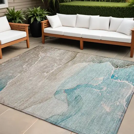 Teal Abstract Washable Non Skid Indoor Outdoor Area Rug Photo 1