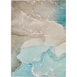 Photo of Teal Abstract Washable Non Skid Indoor Outdoor Area Rug