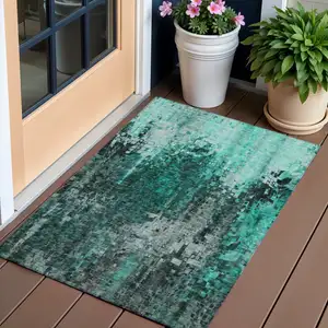 Photo of Teal Abstract Washable Non Skid Indoor Outdoor Area Rug