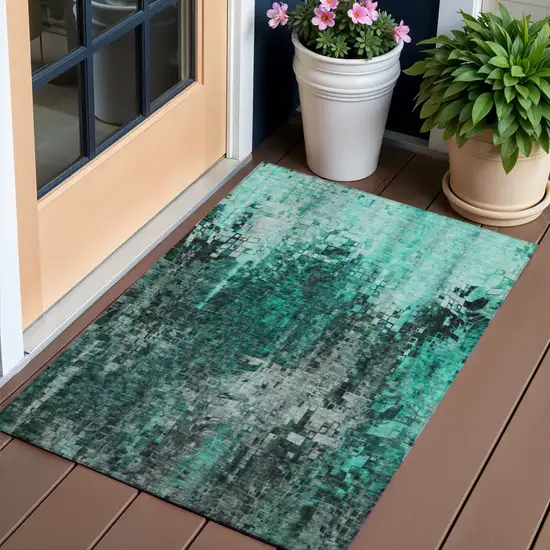 Teal Abstract Washable Non Skid Indoor Outdoor Area Rug Photo 1