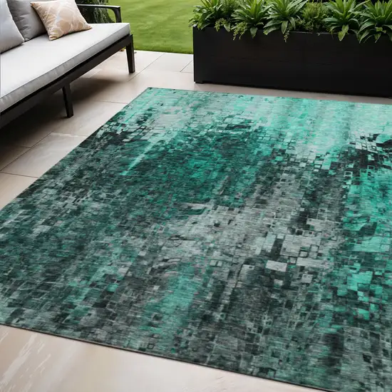 Teal Abstract Washable Non Skid Indoor Outdoor Area Rug Photo 1