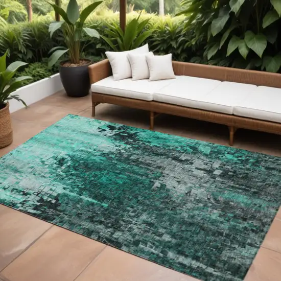 Teal Abstract Washable Non Skid Indoor Outdoor Area Rug Photo 1