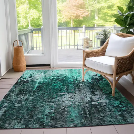 Teal Abstract Washable Non Skid Indoor Outdoor Area Rug Photo 9