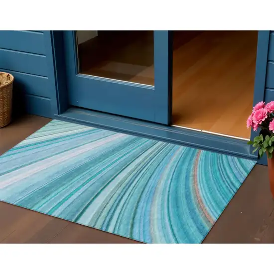 Teal Abstract Washable Non Skid Indoor Outdoor Area Rug Photo 1