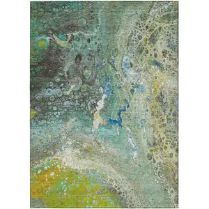 Photo of Teal Abstract Washable Non Skid Indoor Outdoor Area Rug