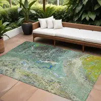 Photo of Teal Abstract Washable Non Skid Indoor Outdoor Area Rug