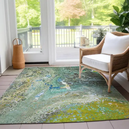 Teal Abstract Washable Non Skid Indoor Outdoor Area Rug Photo 9