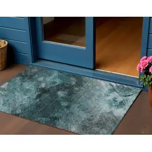 Photo of Teal Abstract Washable Non Skid Indoor Outdoor Area Rug