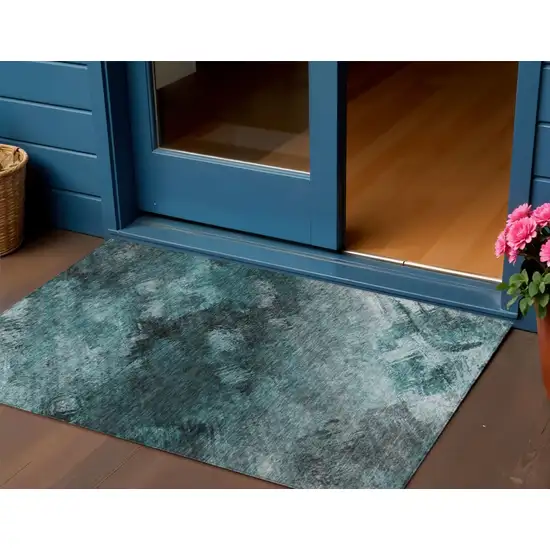 Teal Abstract Washable Non Skid Indoor Outdoor Area Rug Photo 1