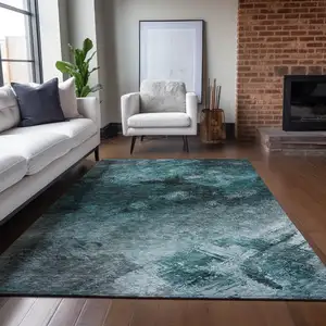 Photo of Teal Abstract Washable Non Skid Indoor Outdoor Area Rug