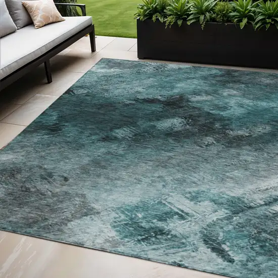 Teal Abstract Washable Non Skid Indoor Outdoor Area Rug Photo 1