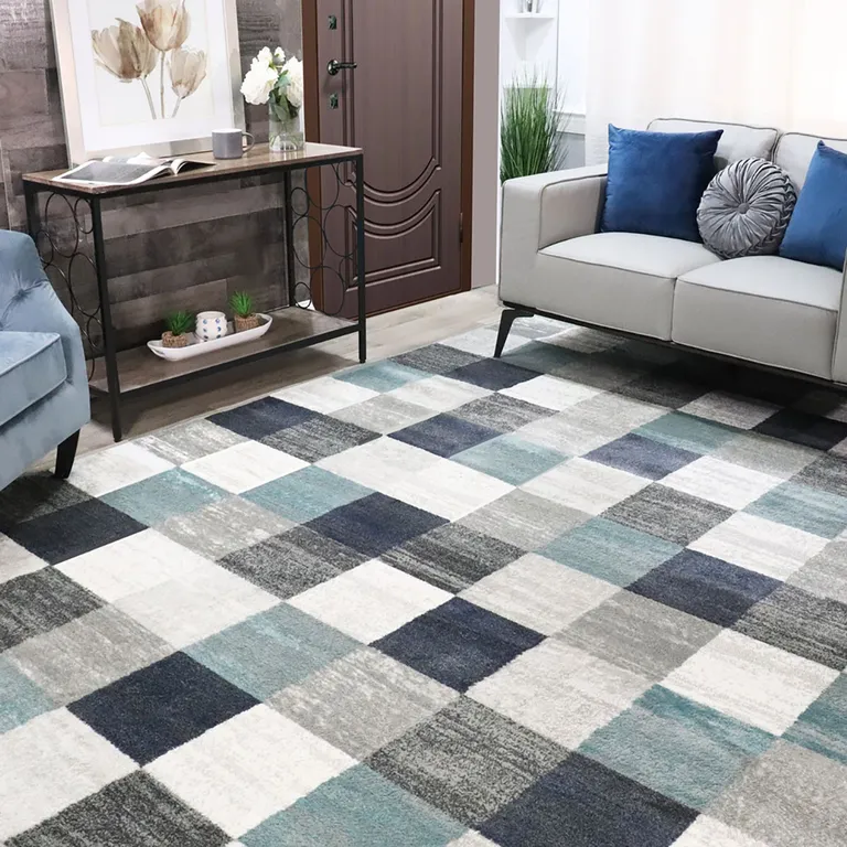 Teal And Gray Geometric Power Loom Stain Resistant Area Rug Photo 5