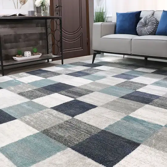 Teal And Gray Geometric Power Loom Stain Resistant Area Rug Photo 6