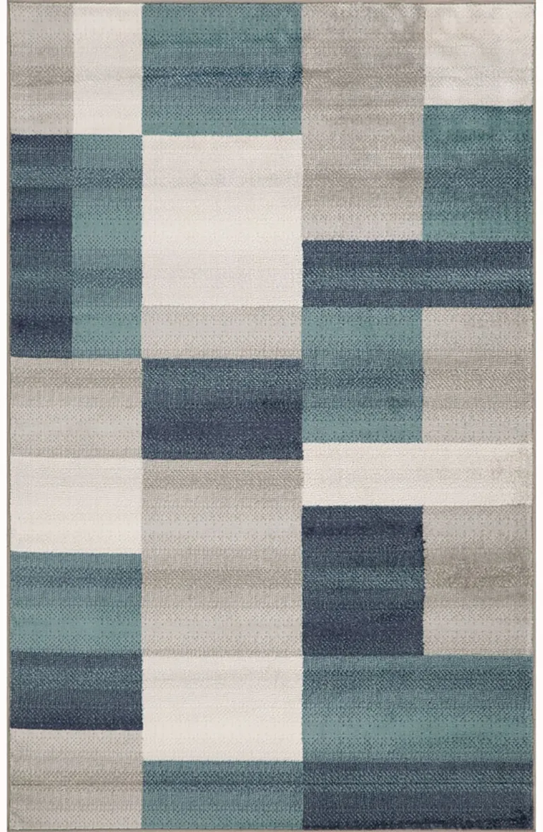 Teal And Gray Patchwork Power Loom Stain Resistant Area Rug Photo 1