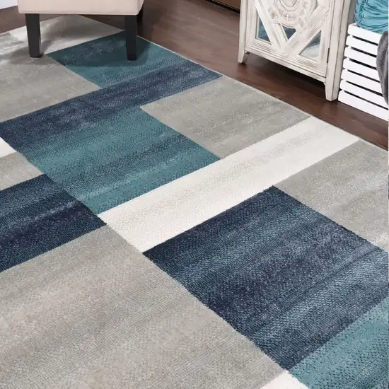 Teal And Gray Patchwork Power Loom Stain Resistant Area Rug Photo 6