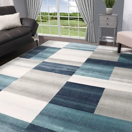 Teal And Gray Patchwork Power Loom Stain Resistant Area Rug Photo 7