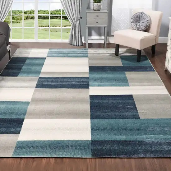 Teal And Gray Patchwork Power Loom Stain Resistant Area Rug Photo 2