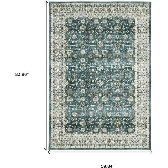 Teal And Ivory Oriental Distressed Area Rug Photo 3