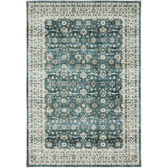 Teal And Ivory Oriental Distressed Area Rug Photo 9