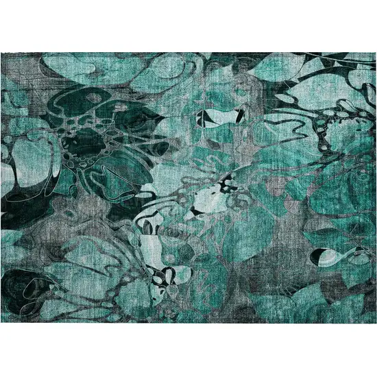 Teal Black and Gray Floral Washable Non Skid Indoor Outdoor Area Rug Photo 1