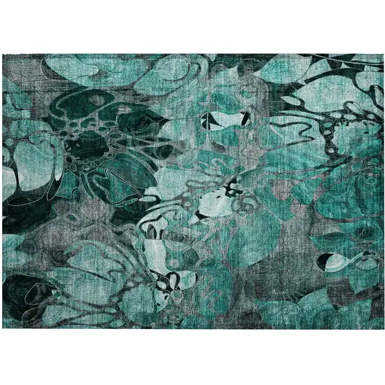 Teal Black and Gray Abstract Washable Indoor Outdoor Area Rug Photo 2