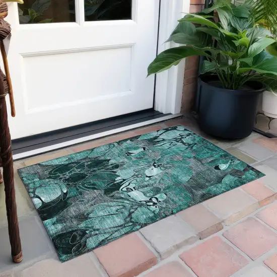 Teal Black and Gray Abstract Washable Indoor Outdoor Area Rug Photo 8