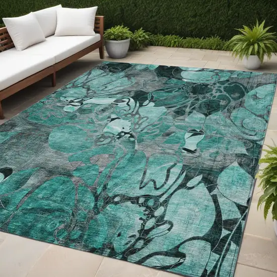 Teal Black and Gray Abstract Washable Indoor Outdoor Area Rug Photo 1