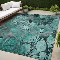 Photo of Teal Black and Gray Floral Washable Non Skid Indoor Outdoor Area Rug