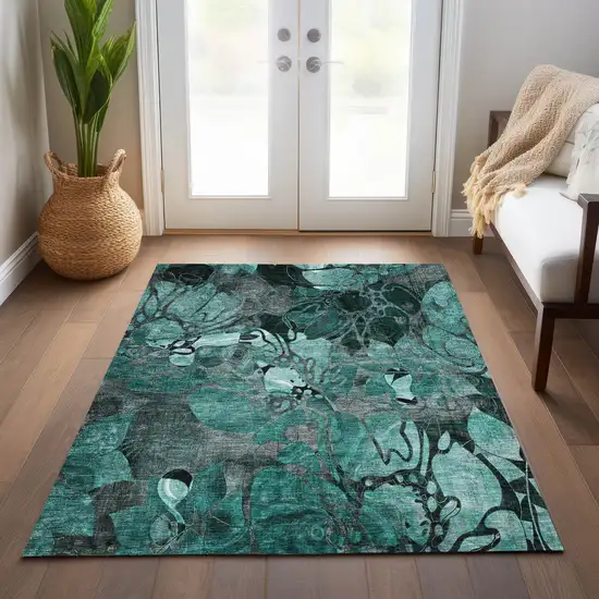 Teal Black and Gray Abstract Washable Indoor Outdoor Area Rug Photo 8