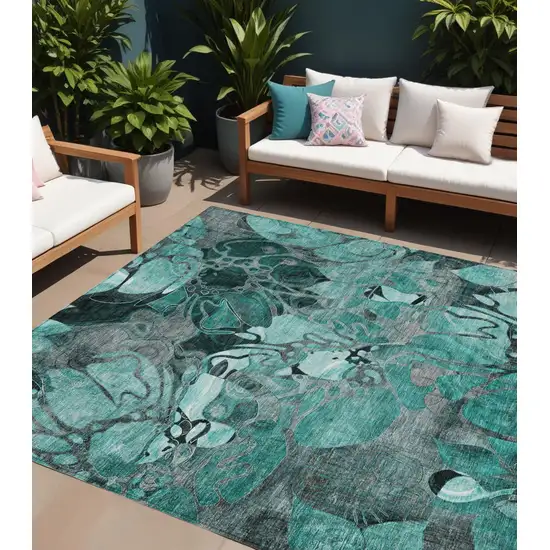 Teal Black and Gray Abstract Washable Indoor Outdoor Area Rug Photo 1