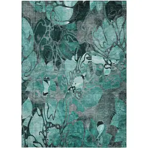 Photo of Teal Black and Gray Floral Washable Non Skid Indoor Outdoor Area Rug