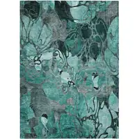 Photo of Teal Black and Gray Floral Washable Non Skid Indoor Outdoor Area Rug