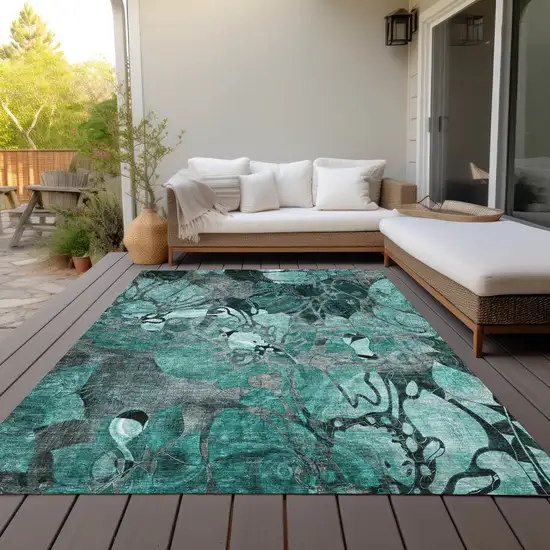 Teal Black and Gray Abstract Washable Indoor Outdoor Area Rug Photo 9