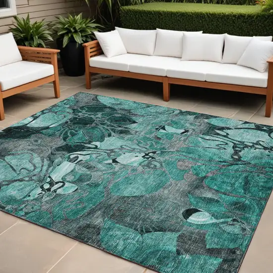 Teal Black and Gray Floral Washable Non Skid Indoor Outdoor Area Rug Photo 1