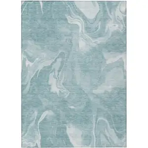 Photo of Teal Blue And Aqua Abstract Washable Indoor Outdoor Area Rug