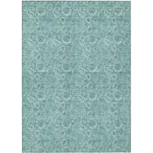 Photo of Teal Blue And Aqua Floral Washable Indoor Outdoor Area Rug