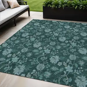 Photo of Teal Blue And Aqua Floral Washable Indoor Outdoor Area Rug