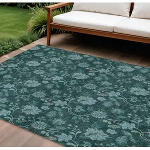 Photo of Teal Blue And Aqua Floral Washable Indoor Outdoor Area Rug