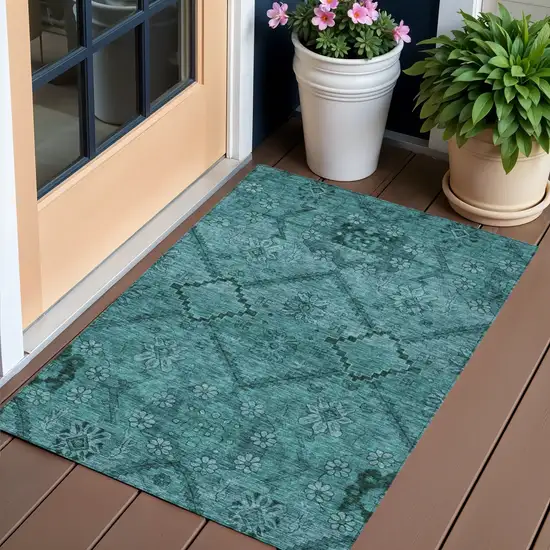 Teal Blue And Aqua Floral Washable Indoor Outdoor Area Rug Photo 1