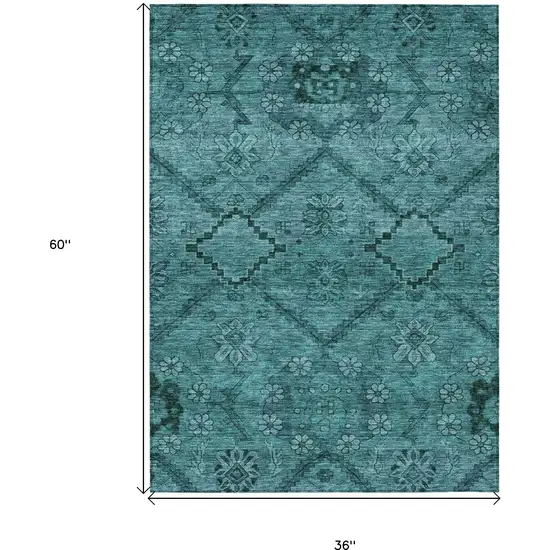 Teal Blue And Aqua Floral Washable Indoor Outdoor Area Rug Photo 3