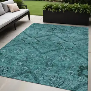 Photo of Teal Blue And Aqua Floral Washable Indoor Outdoor Area Rug