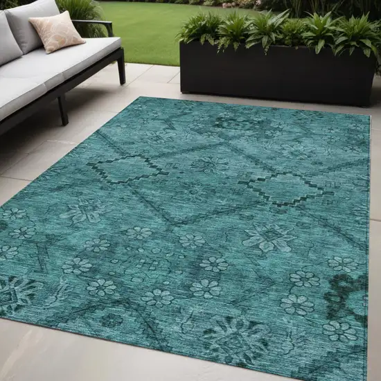 Teal Blue And Aqua Floral Washable Indoor Outdoor Area Rug Photo 1