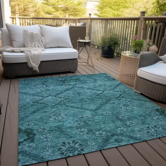 Teal Blue And Aqua Floral Washable Indoor Outdoor Area Rug Photo 8