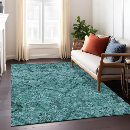 Teal Blue And Aqua Floral Washable Indoor Outdoor Area Rug Photo 9