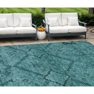 Photo of Teal Blue And Aqua Floral Washable Indoor Outdoor Area Rug