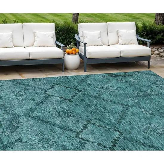 Teal Blue And Aqua Floral Washable Indoor Outdoor Area Rug Photo 1