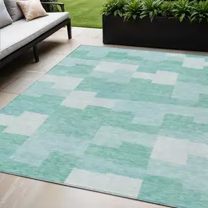 Photo of Teal Blue And Aqua Geometric Washable Indoor Outdoor Area Rug