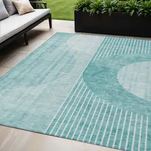 Photo of Teal Blue And Aqua Geometric Washable Indoor Outdoor Area Rug