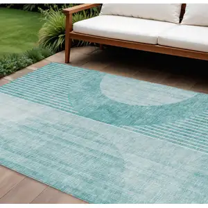 Photo of Teal Blue And Aqua Geometric Washable Indoor Outdoor Area Rug