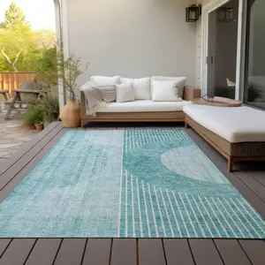 Photo of Teal Blue And Aqua Geometric Washable Indoor Outdoor Area Rug